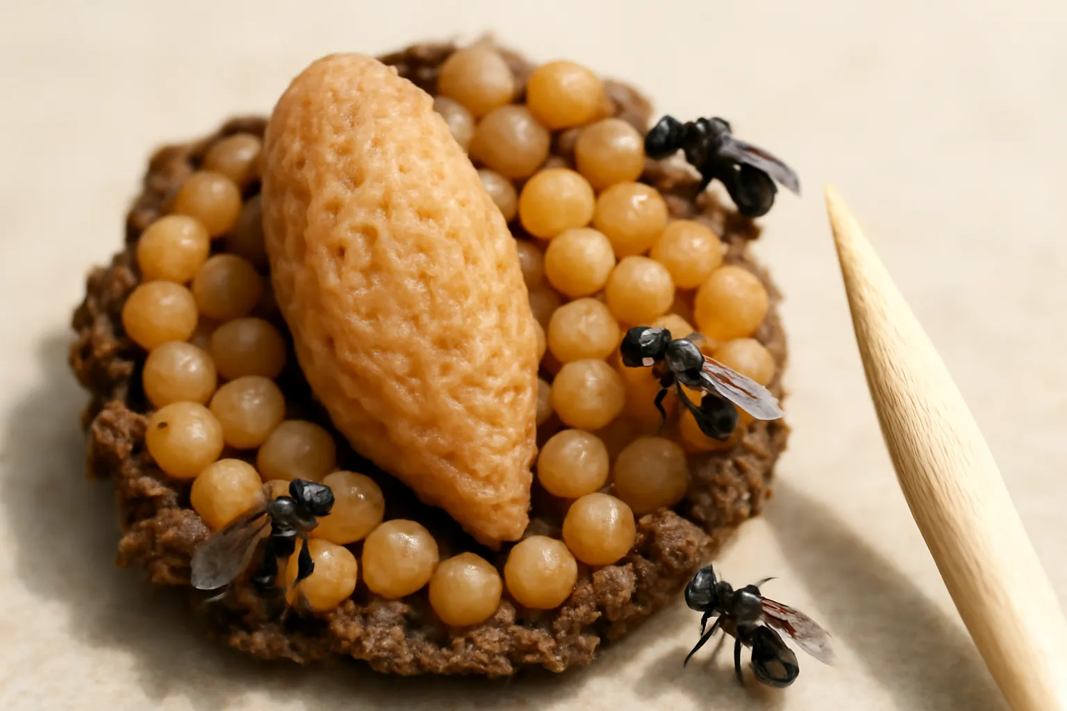 Ô chúa ong dú to hơn hẳn nằm ở mép bánh ấp, cạnh đầu tăm tre