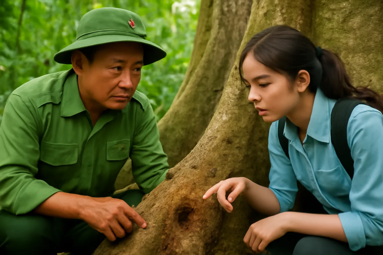 Kiểm lâm và nhà nghiên cứu ngồi xổm cạnh tổ ong dú trên rễ cây trong rừng nhiệt đới
