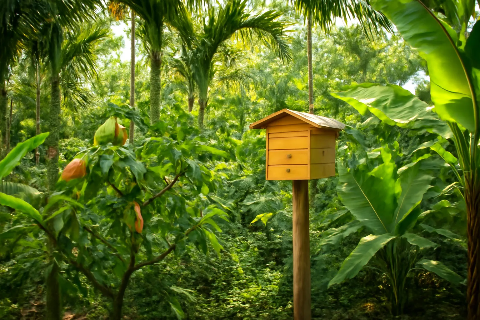 Vườn nhiều tầng cau, ca cao, chuối với hộp ong dú treo giữa vườn