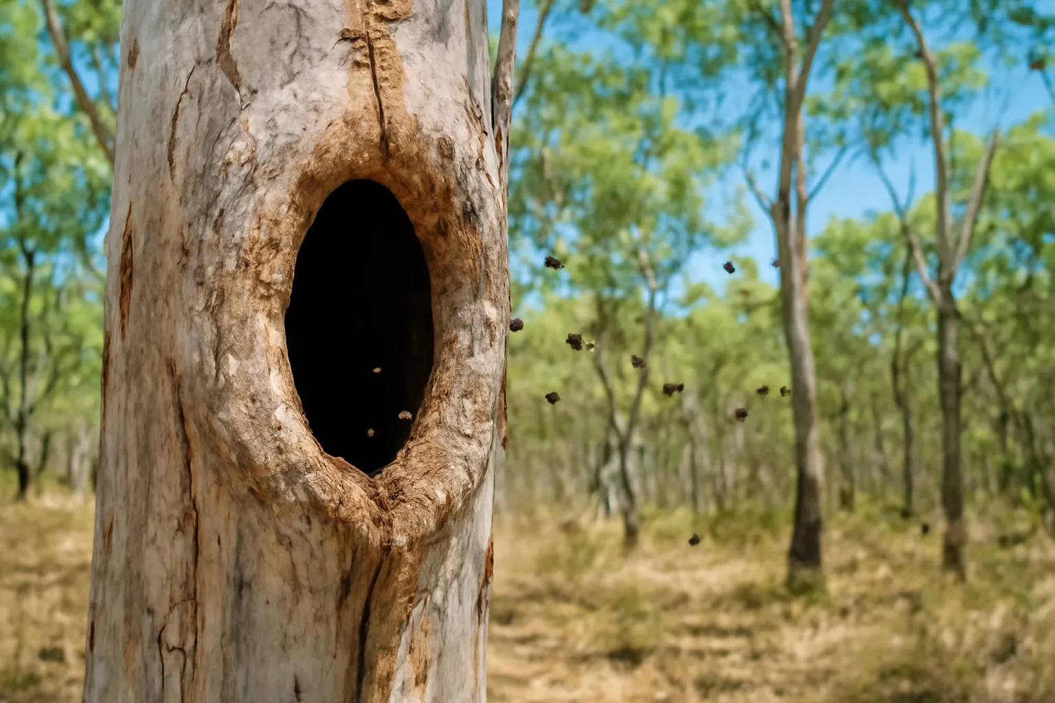 Tổ ong không ngòi trong thân cây bạch đàn khô ở Queensland, Úc