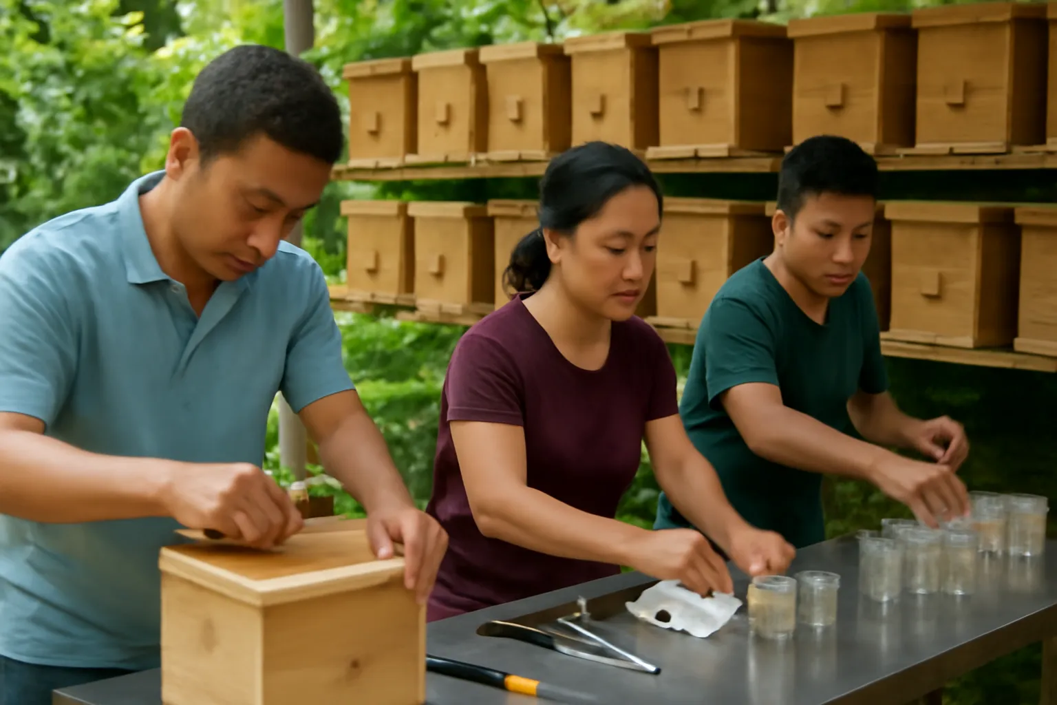 Ba người chia việc ở sân trại ong dú: đóng hộp, lau dụng cụ, xếp lọ mật