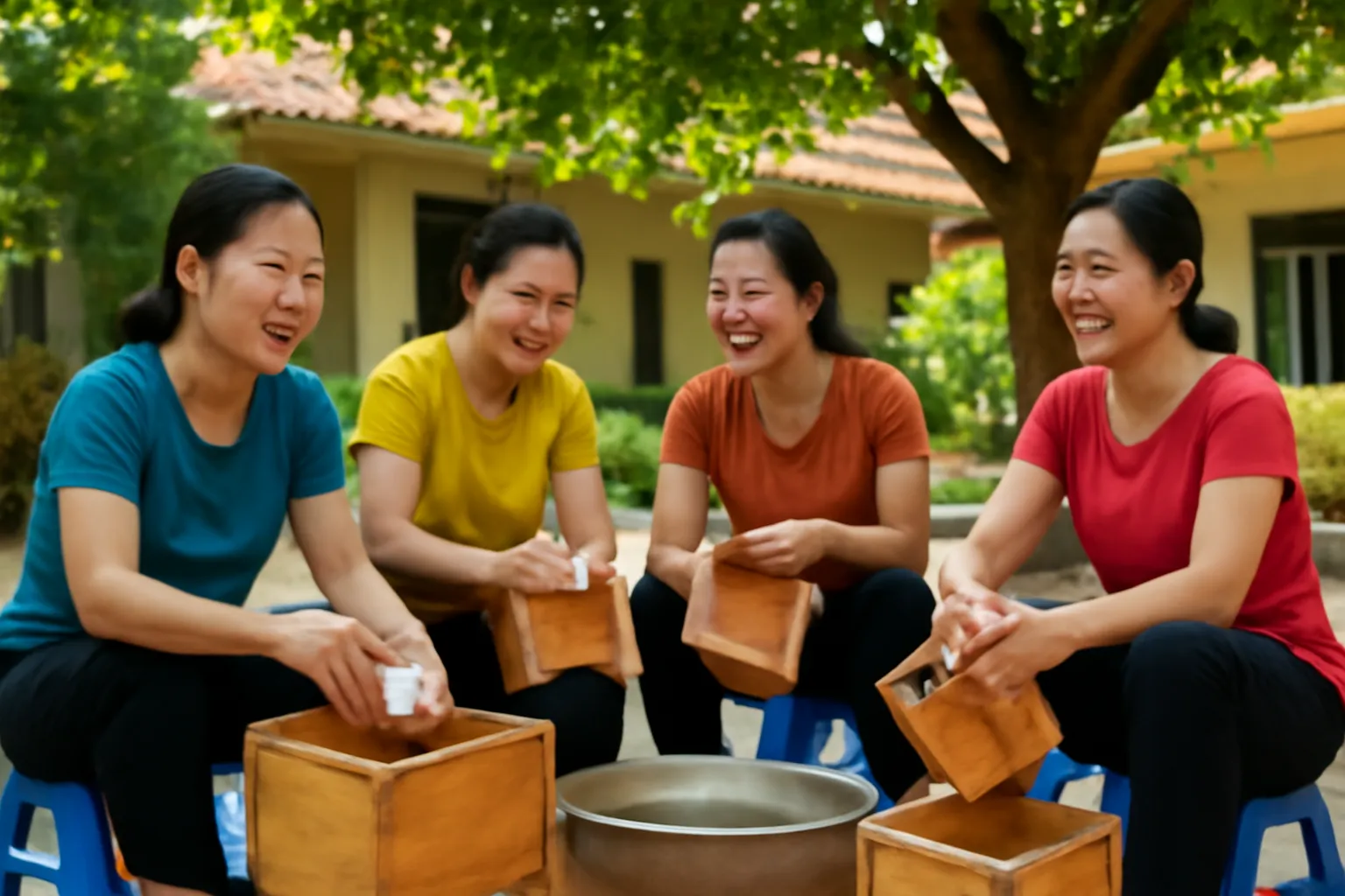 Nhóm phụ nữ trung niên cười nói khi lau hộp ong gỗ ở sân hợp tác xã