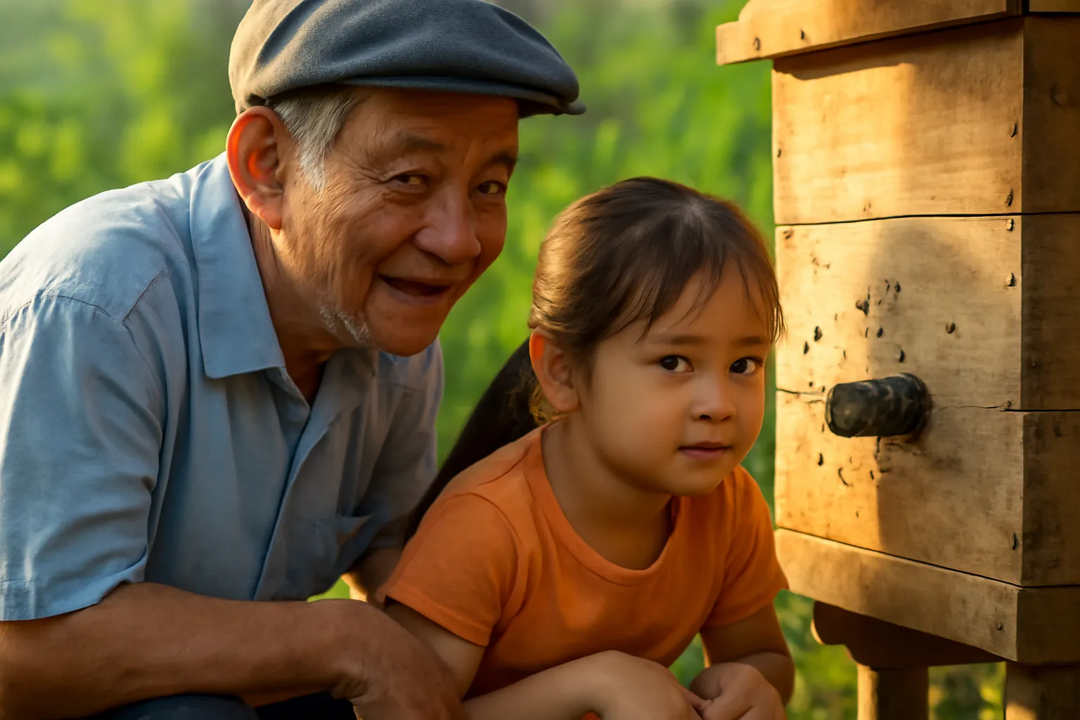Bé gái và ông ngồi xổm cạnh nhau nhìn ong dú ra vào cửa tổ lúc nắng sớm