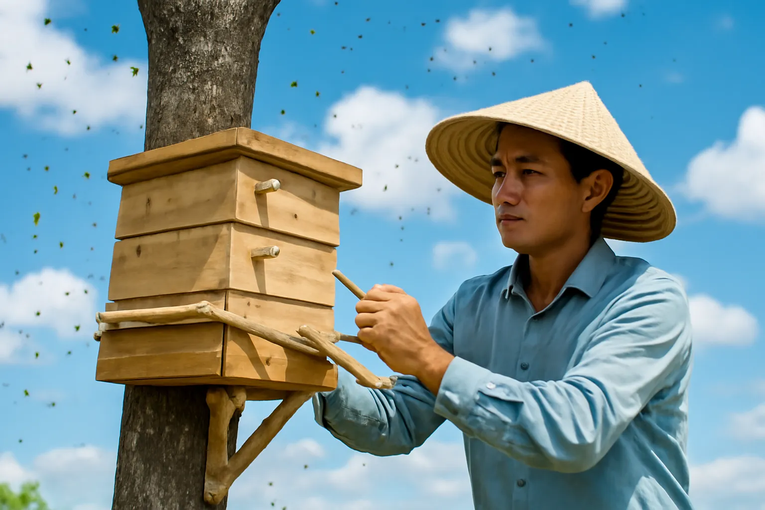 Người nuôi chằng dây giá hộp ong dú vào gốc cây trước cơn gió, trời sáng mây trắng
