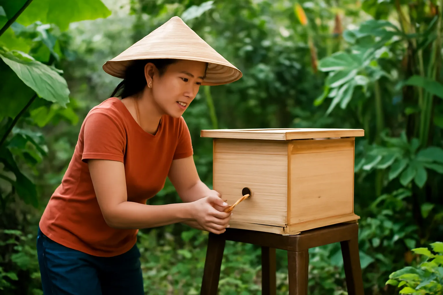 Học viên ôm hộp ong dú mới đặt lên giá trong vườn nhà mình buổi sáng