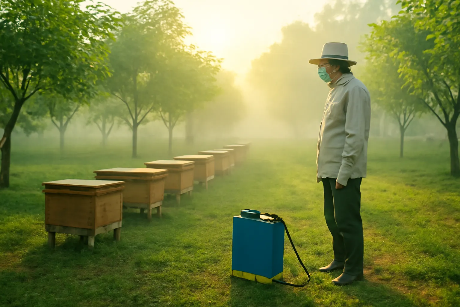 Nông dân mặc đồ bảo hộ đứng xa hàng hộp ong, bình phun đặt dưới đất