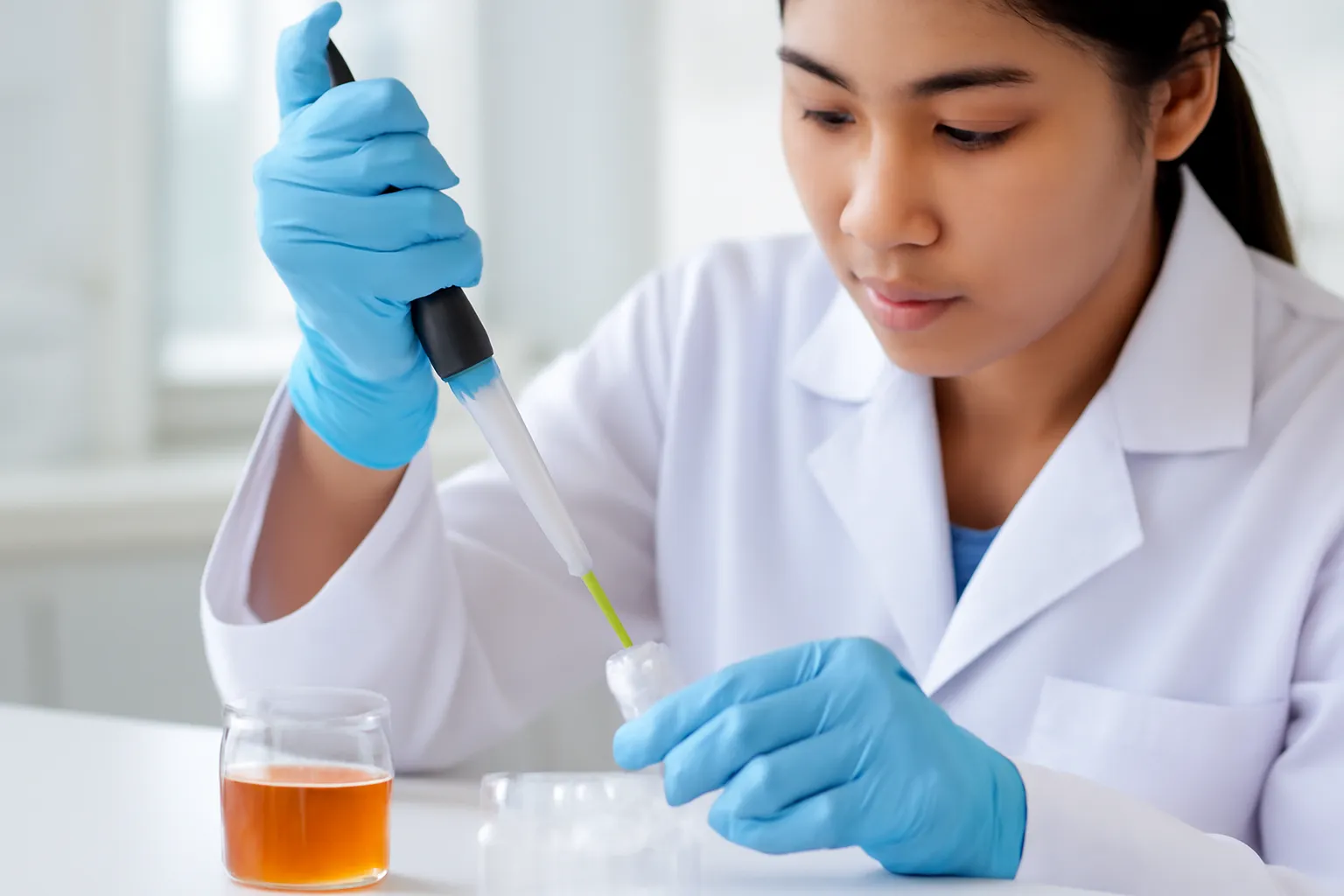 Kỹ thuật viên đeo găng hút mẫu mật ong bằng pipet trong phòng thí nghiệm