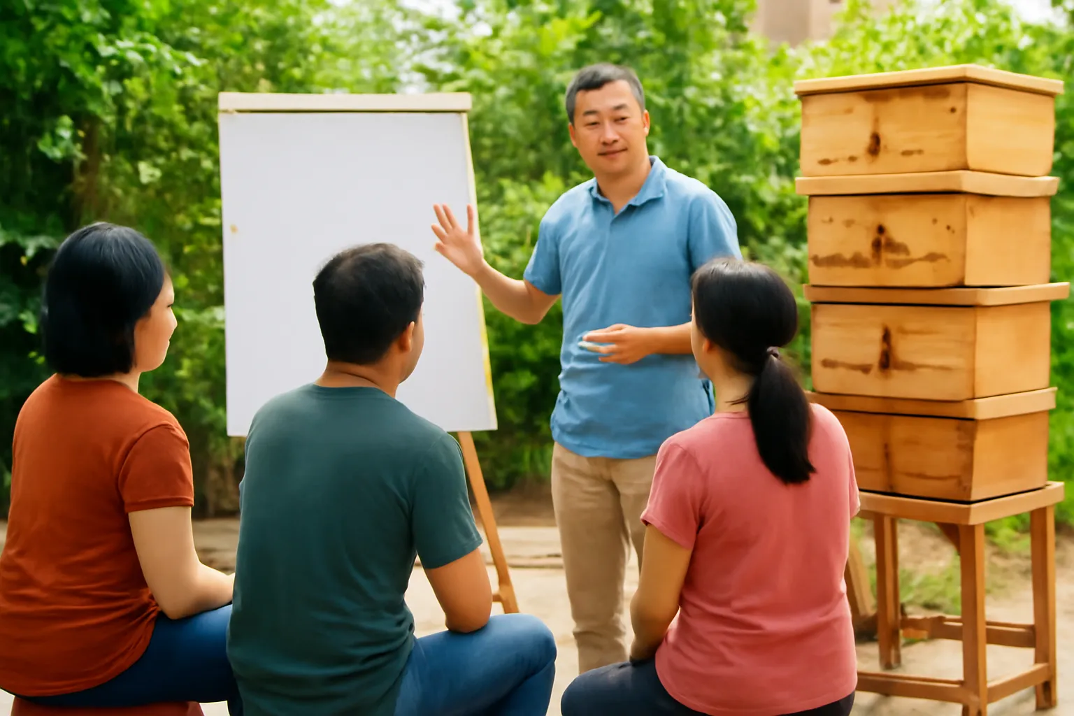 Nhóm học viên ngồi ghế đẩu cạnh bảng trắng trống, bên cạnh là giá hộp ong dú