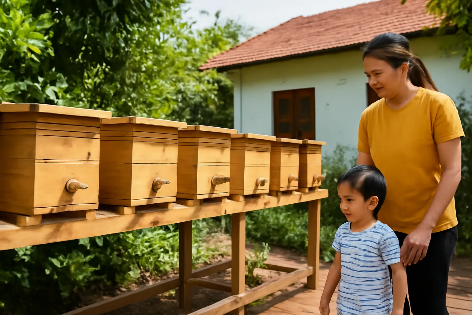 Sân sau nhà vườn có mười mấy hộp ong dú trên giá, hai mẹ con đi ngang buổi sáng