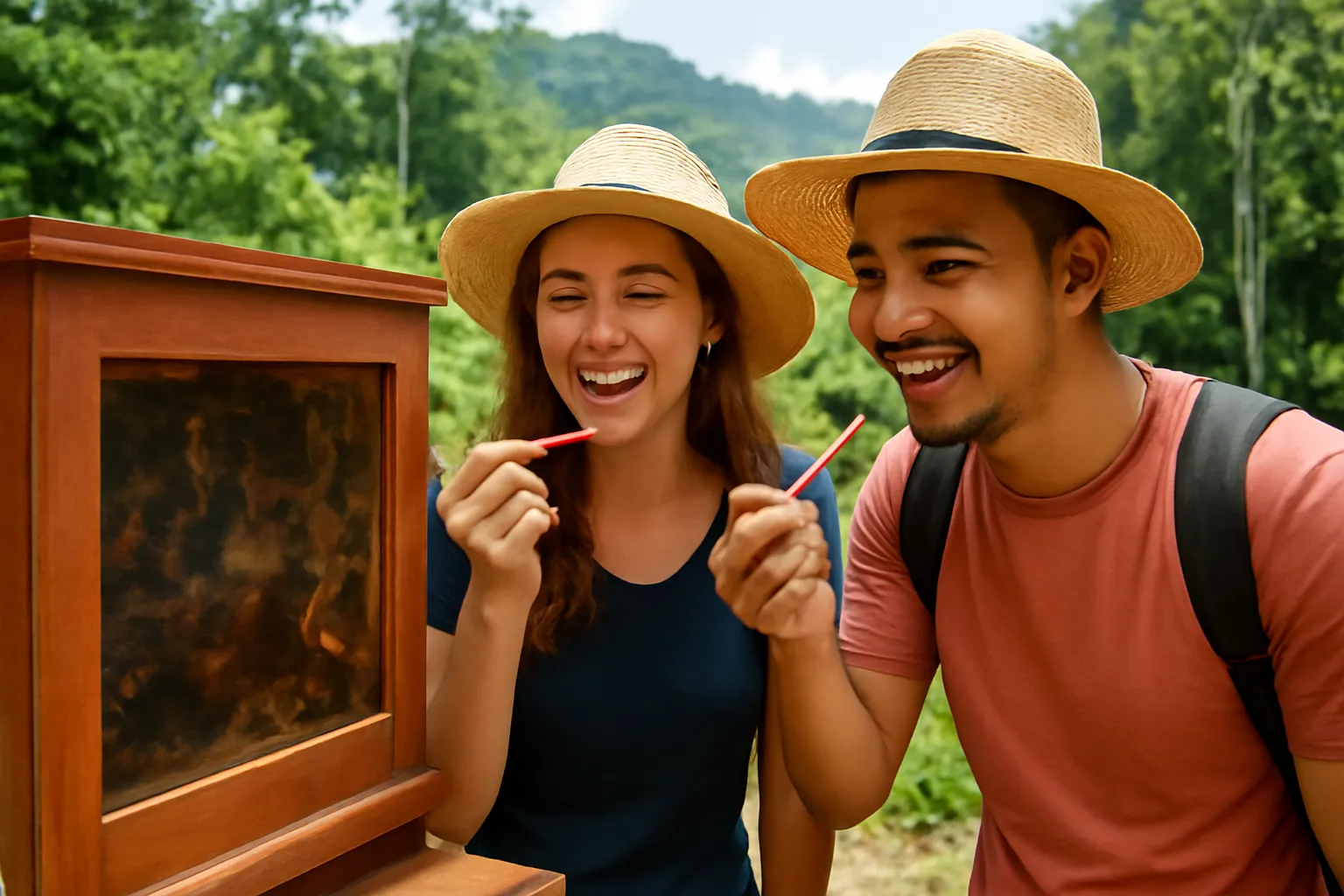 Du khách đội mũ rộng vành nếm mật ong không ngòi bằng thìa gỗ ở trại ong