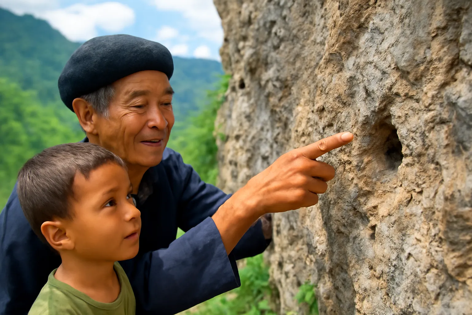 Cụ ông người dân tộc chỉ cho cháu nhỏ tổ ong dú trên vách đá giữa núi xanh