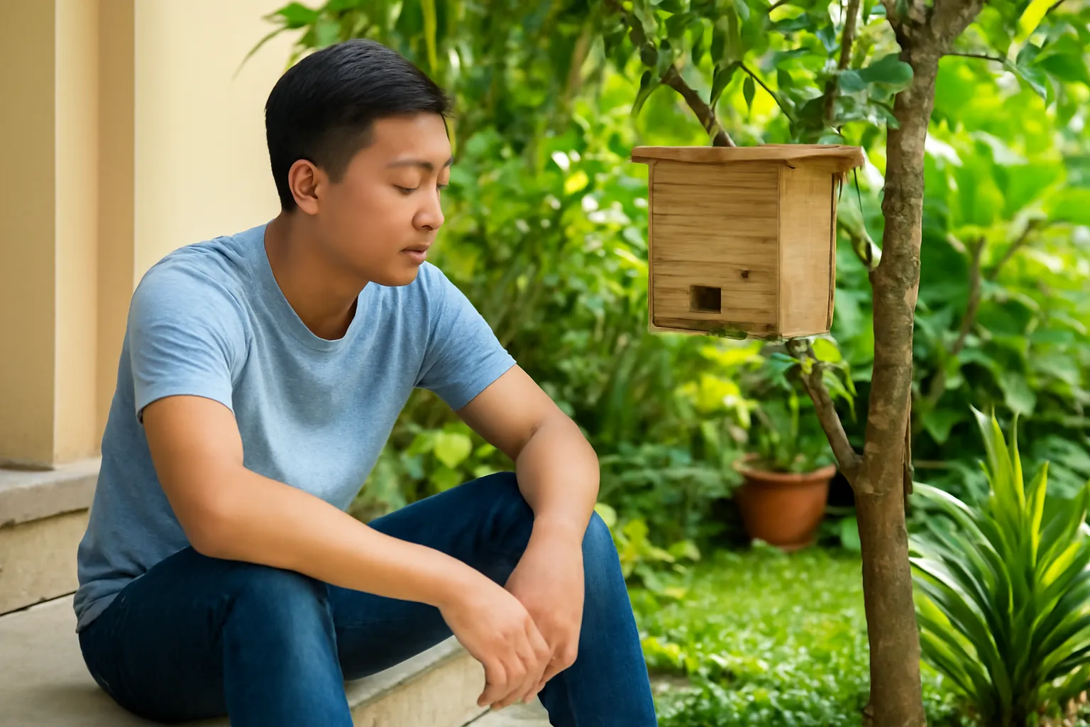 Thanh niên ngồi bậc thềm ngắm hộp ong dú treo ở góc vườn buổi sáng