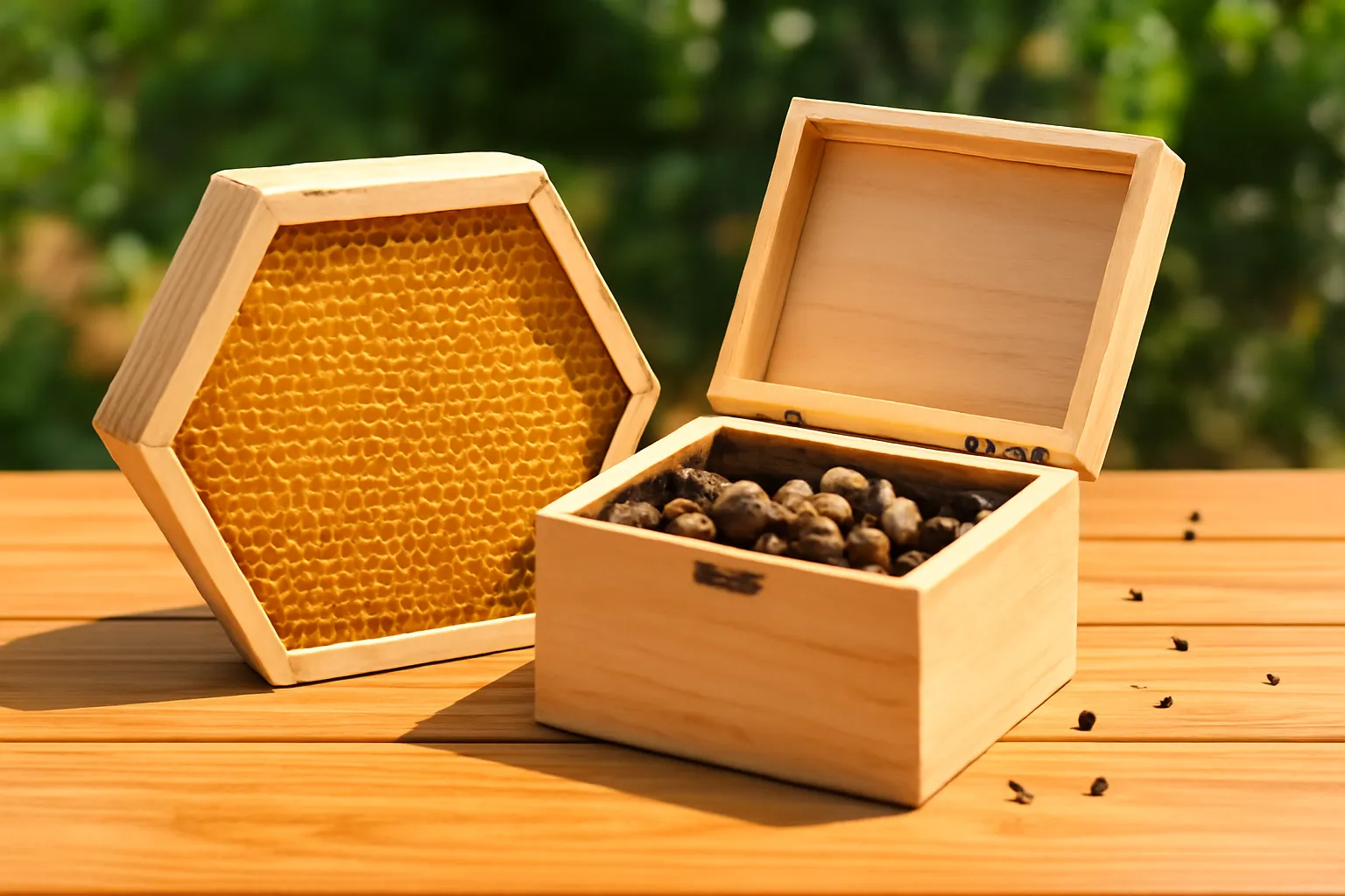 Khung bánh tổ ong mật đầy mật đặt cạnh hộp ong dú mở có các bình mật nhỏ