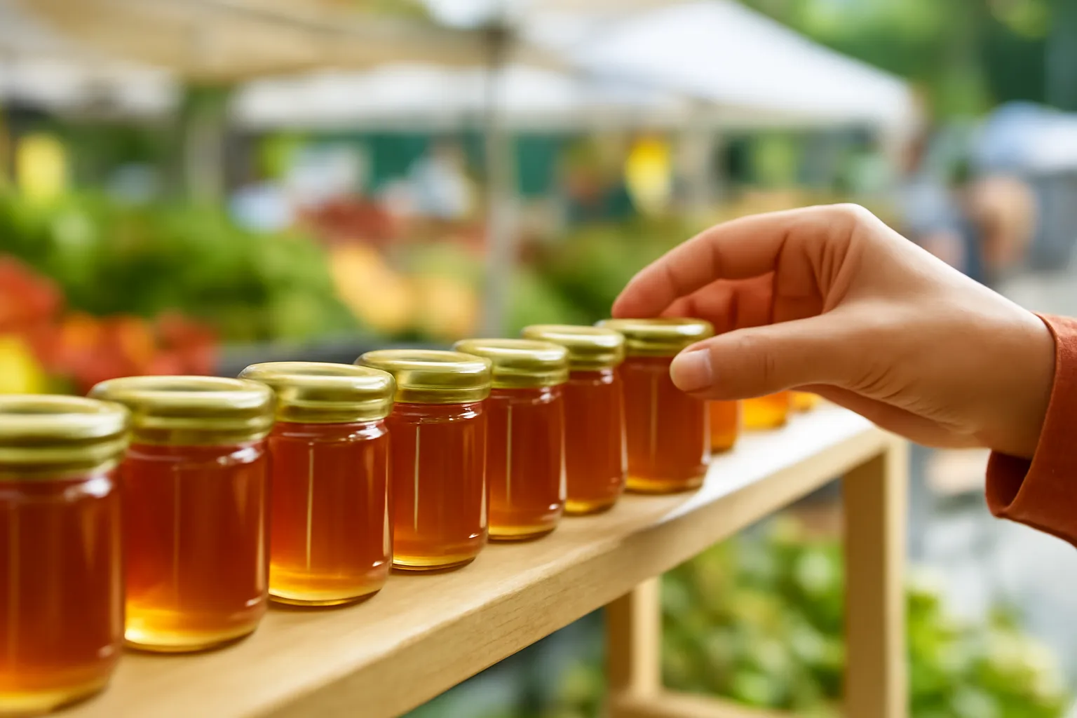 Những lọ thuỷ tinh nhỏ đựng mật ong không ngòi màu hổ phách trên kệ chợ nông sản