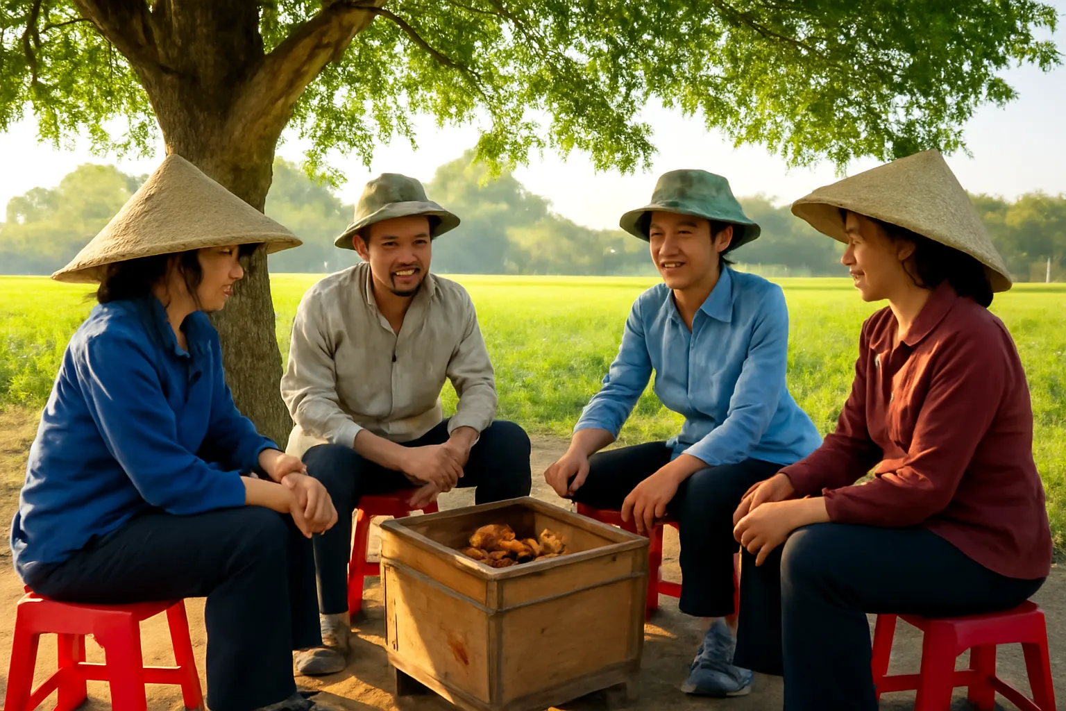 Nhóm nông dân Việt ngồi vòng tròn dưới tán cây quanh hộp ong dú đang mở