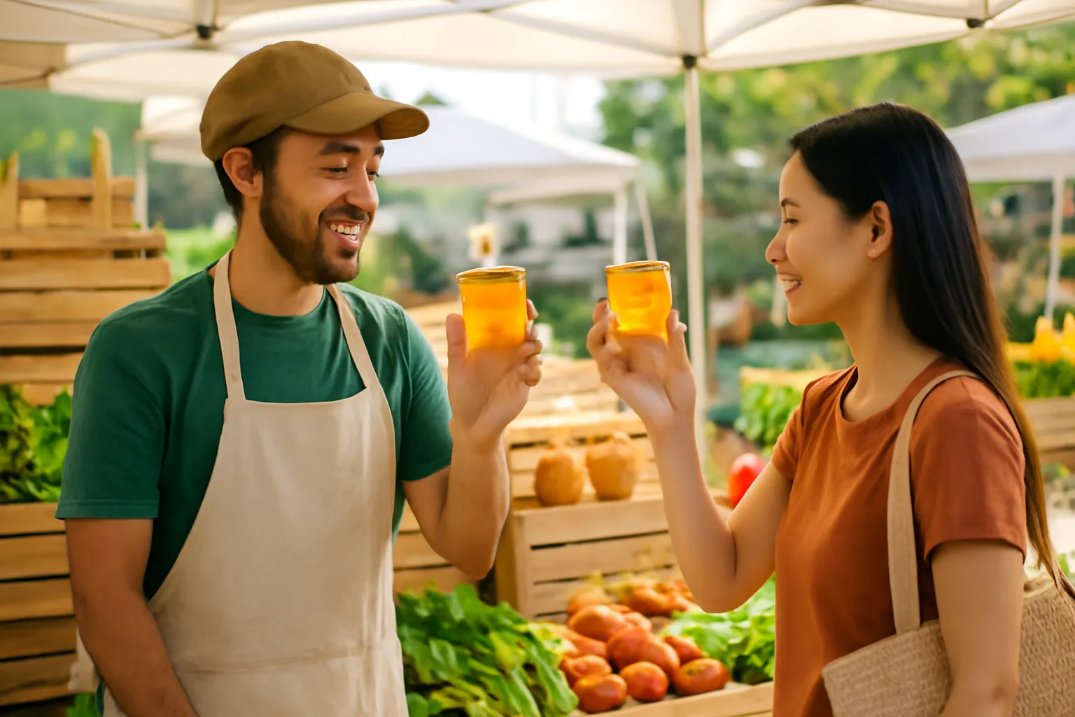 Người bán và khách ở quầy nông sản cùng giơ lọ mật lên soi ánh sáng